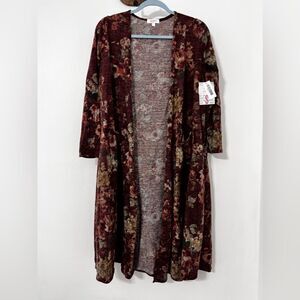 LulaRoe Sarah Floral Duster Cardigan Burgundy Open Front Longline Sweater